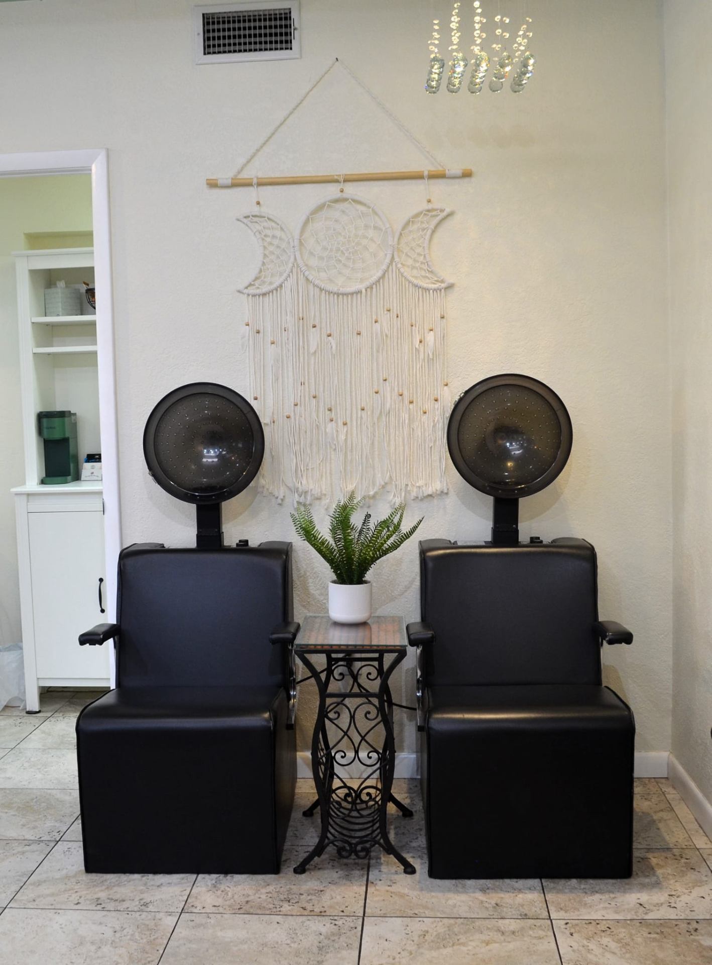 Native Soul Salon hair dryer station with bohemian decor